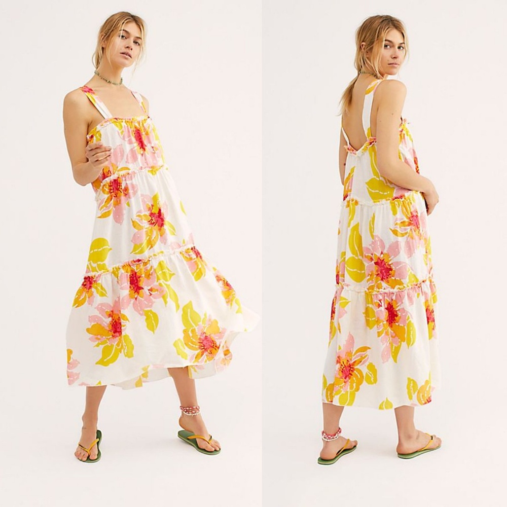 Free People White Midi Dress with Yellow and Pink Floral Print